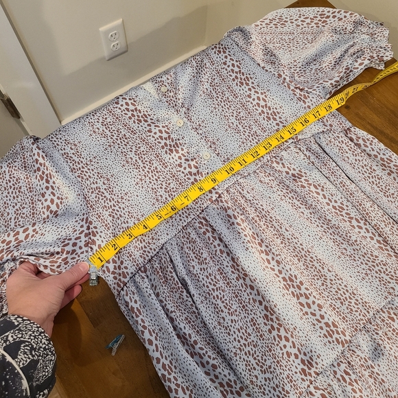 KARLIE Icy Blue And Brown Dot Print Satin Oversized Tiered Maxi Dress - Picture 9 of 12